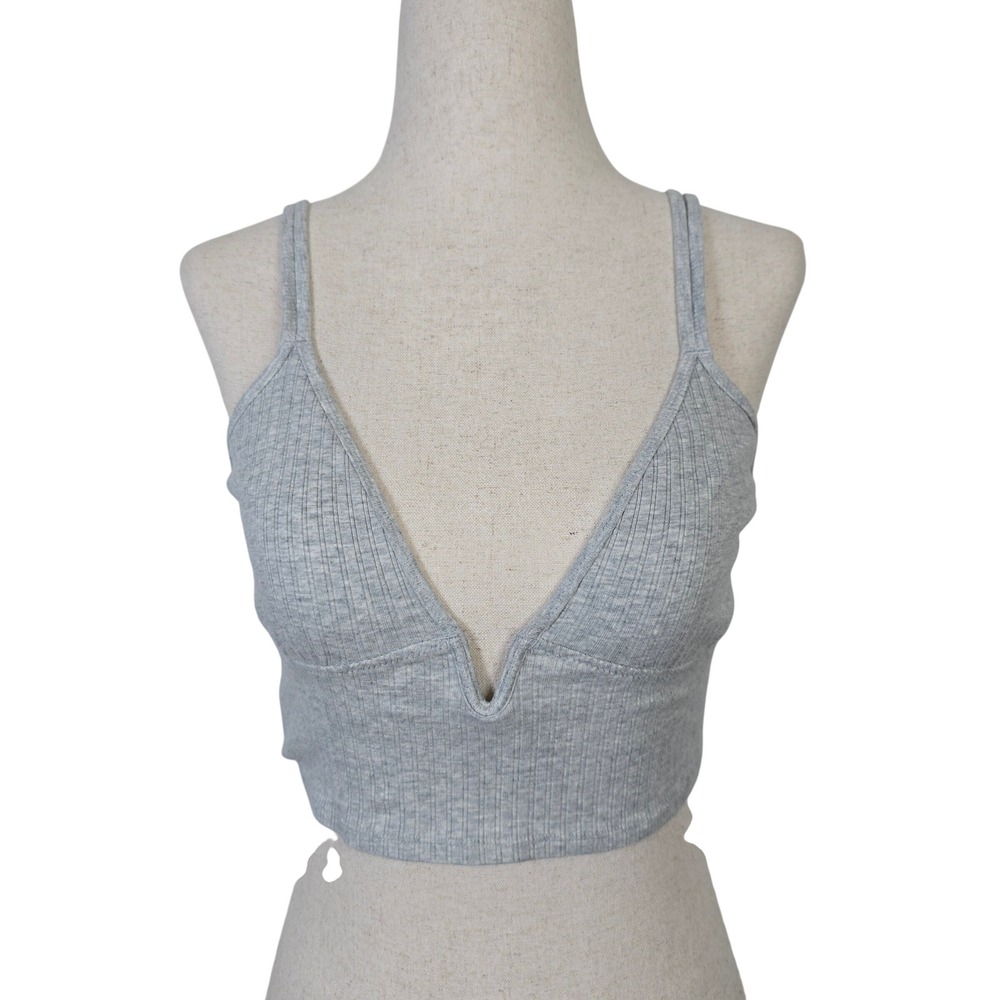 Aerie Real Good Heather Gray Ribbed V-Neck Floral Lace Back Bralette Small
